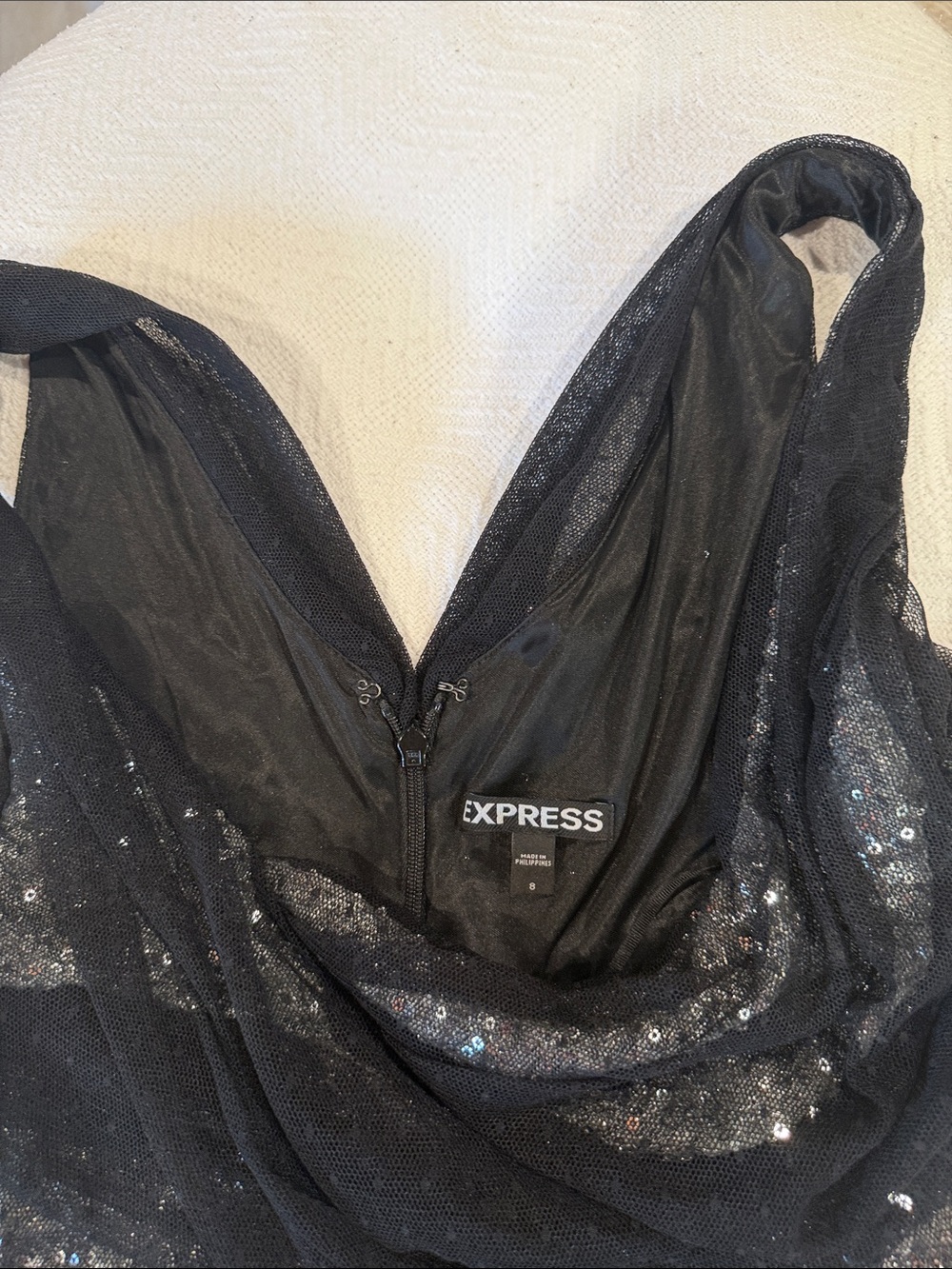 Express Black Sequin Ruched Midi Dress - Picture 7 of 7
